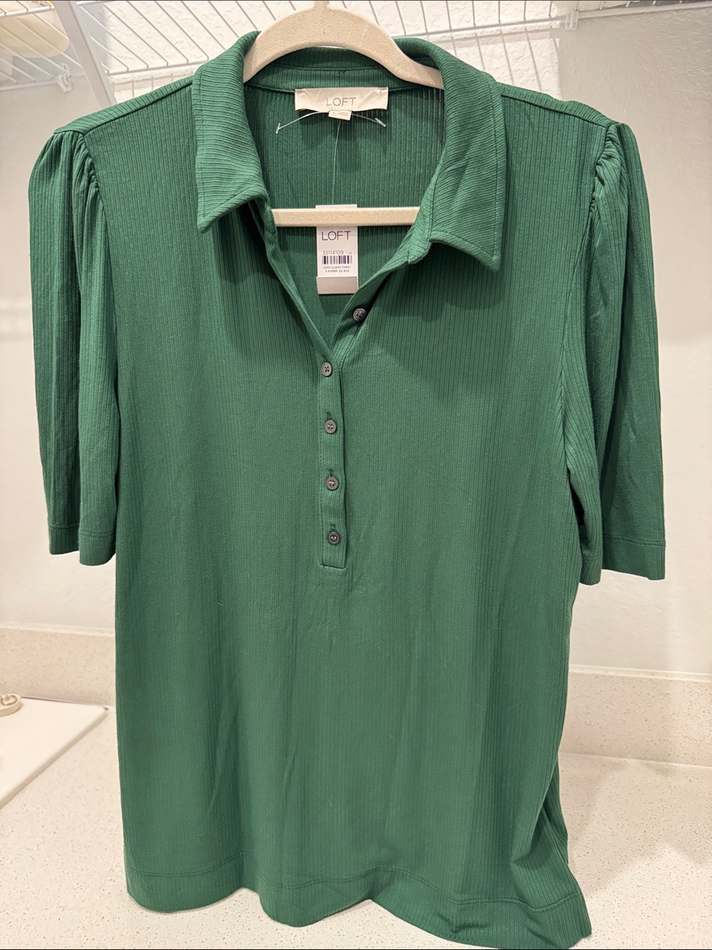 LOFT Forest Green Ribbed Polo Button-Front Top